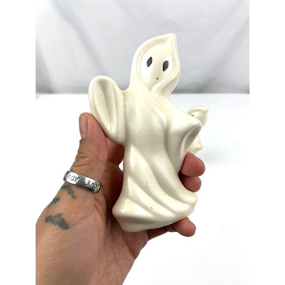 VTG Set Of 2 Halloween Ceramic Spooky White Ghost Figurines 1980s 4.75" Tall - Picture 5 of 13